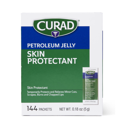 Box of 144 Medline CURAD Petroleum Jelly packets (0.18 oz each), a multi-use skin protectant that temporarily relieves and protects minor cuts, scrapes, burns, and chapped lips.