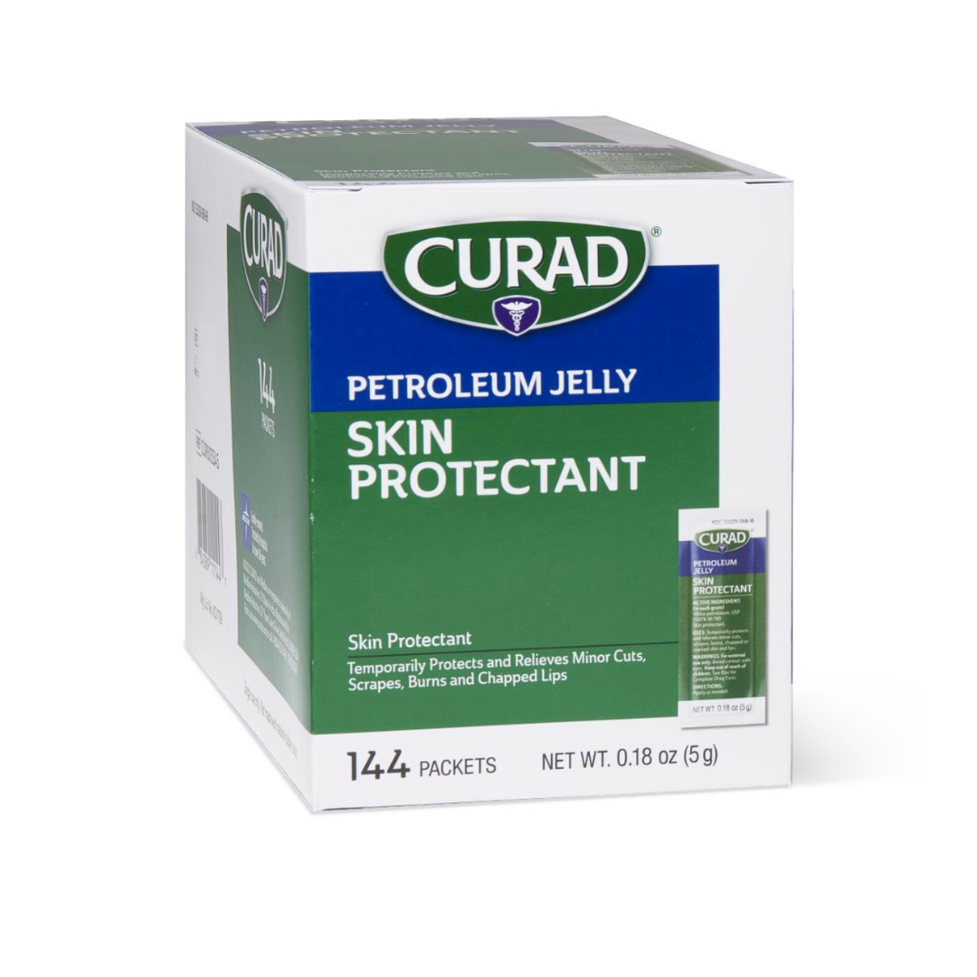 Medline CURAD Petroleum Jelly comes in a trusted white box with a green and blue label, offering 144 packets for protecting and relieving minor cuts, scrapes, burns, and chapped lips.
