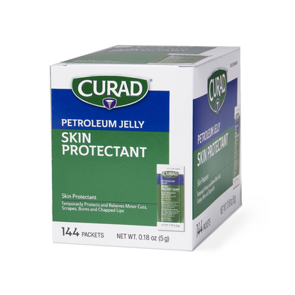 A trusted white and green box of Medline CURAD Petroleum Jelly contains 144 packets. Each 0.18 oz (5g) packet provides multi-use protection for minor cuts, scrapes, burns, and chapped lips.