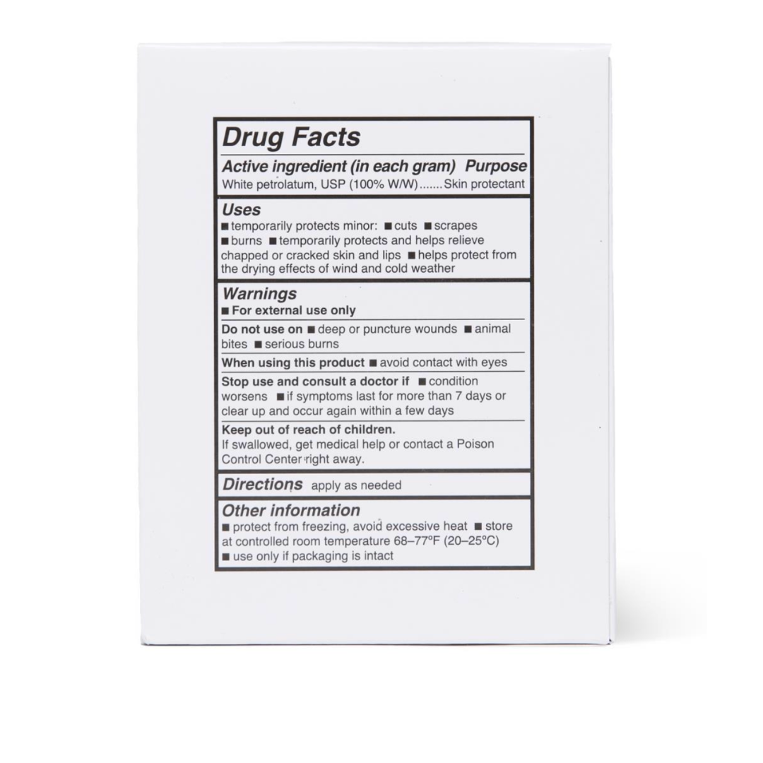 Back of Medline CURAD Petroleum Jelly box displays Drug Facts—active ingredient (white petrolatum), multi-use benefits, warnings, directions, and storage info—all in black text on a white background.