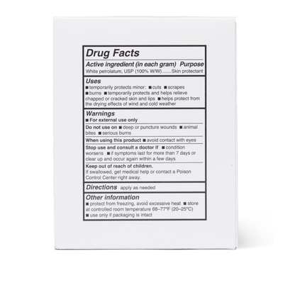 Back of Medline CURAD Petroleum Jelly box displays Drug Facts—active ingredient (white petrolatum), multi-use benefits, warnings, directions, and storage info—all in black text on a white background.