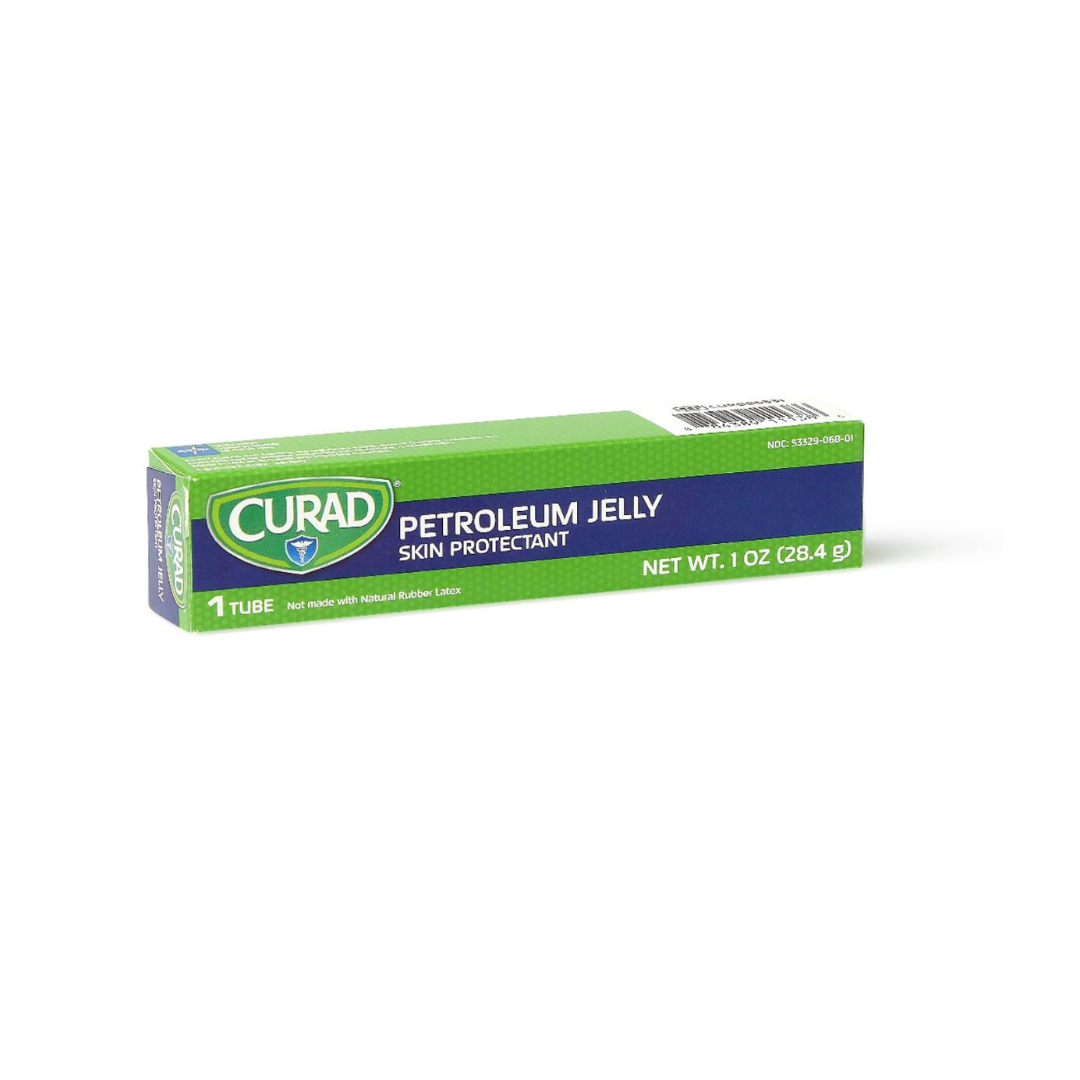 A green and blue box of Medline CURAD Petroleum Jelly is displayed on a white background, highlighting clear packaging details and recognizable branding.