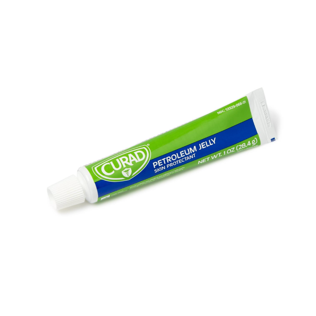 A green and blue tube of Medline CURAD Petroleum Jelly (Skin Protectant), 1 oz (28.4 g) with a white cap, shown on a white background—a multi-use skincare essential.