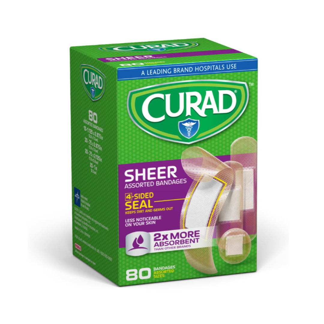 A green and purple box of Medline CURAD Sheer Adhesive Bandages - Variety, with bandage images, highlights a 4-sided seal, is 2x more absorbent, and includes 80 assorted-size bandages.