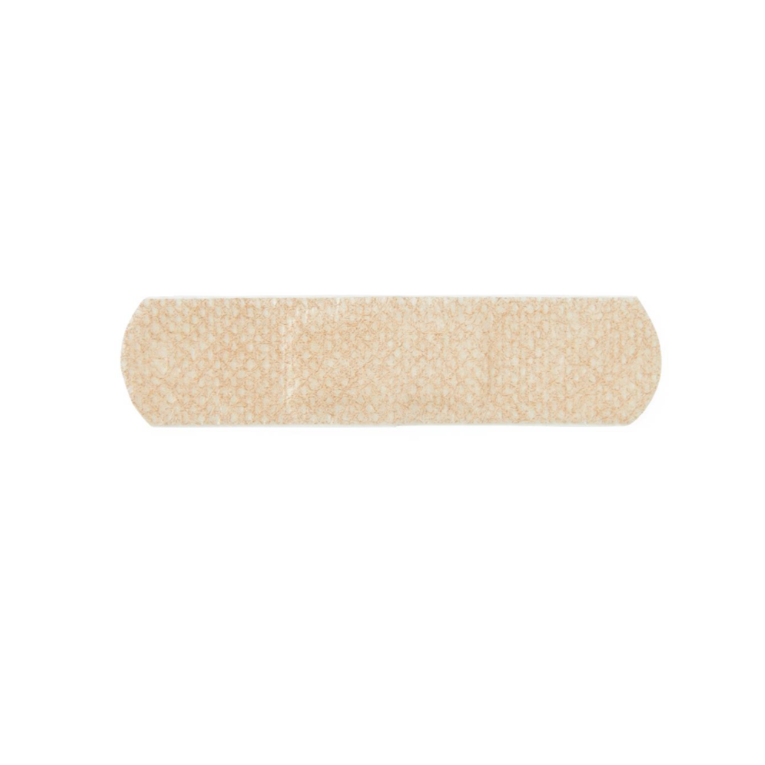 The Medline CURAD Silicone Fabric Adhesive Bandage, 3/4" x 3", is a beige, rectangular bandage shown on a white background—ideal for product descriptions or specifications tables.