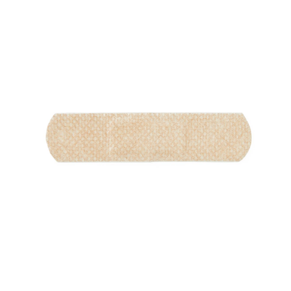 The Medline CURAD Silicone Fabric Adhesive Bandage, 3/4" x 3", is a beige, rectangular bandage shown on a white background—ideal for product descriptions or specifications tables.