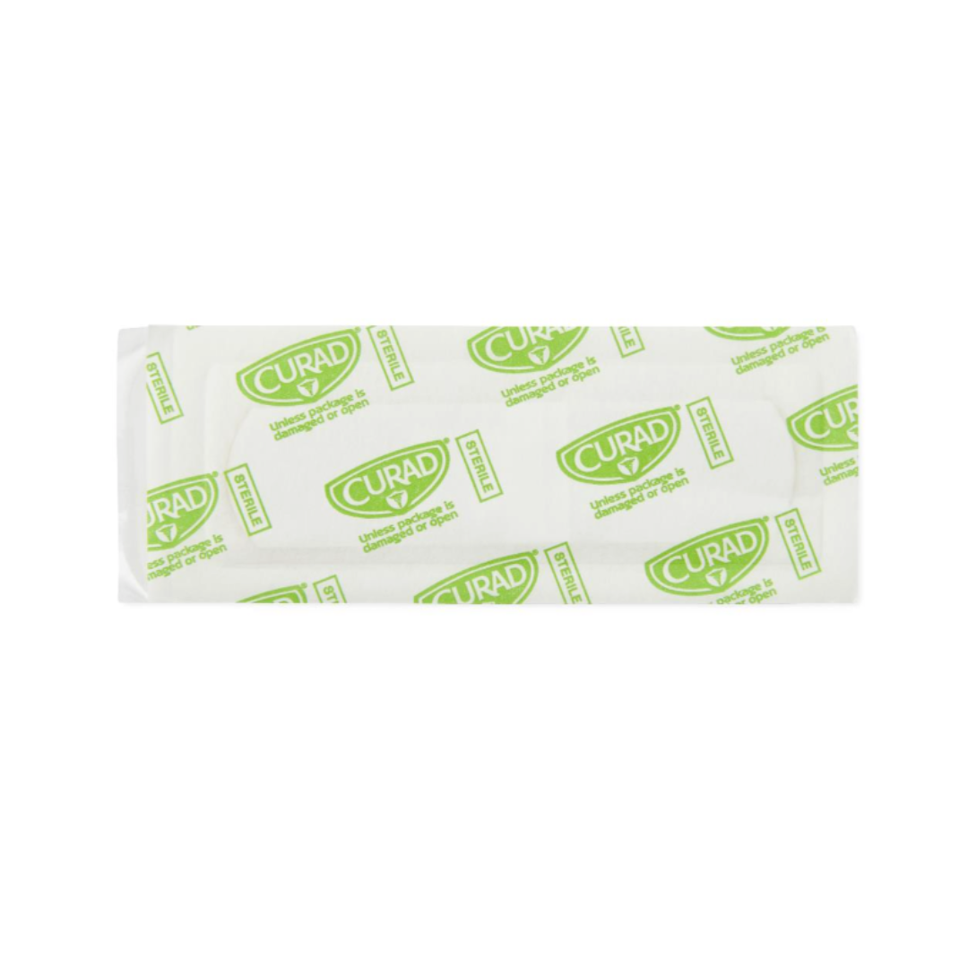 A single Medline CURAD Silicone Fabric Adhesive Bandage, 3/4" x 3", in white rectangular packaging with green Curad logos and diagonal text—perfect for product descriptions or spec tables.