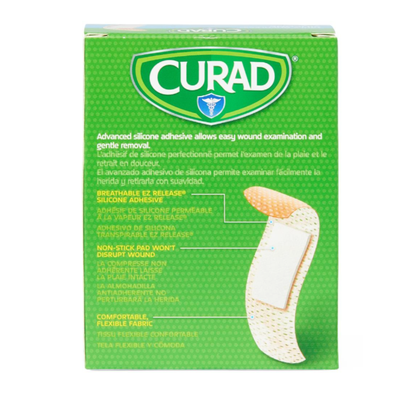 A green box of Medline CURAD Silicone Fabric Adhesive Bandages (3/4" x 3") shows specs in English and French, with an image highlighting the bandages' breathable fabric, flexible fit, and non-stick silicone pad.