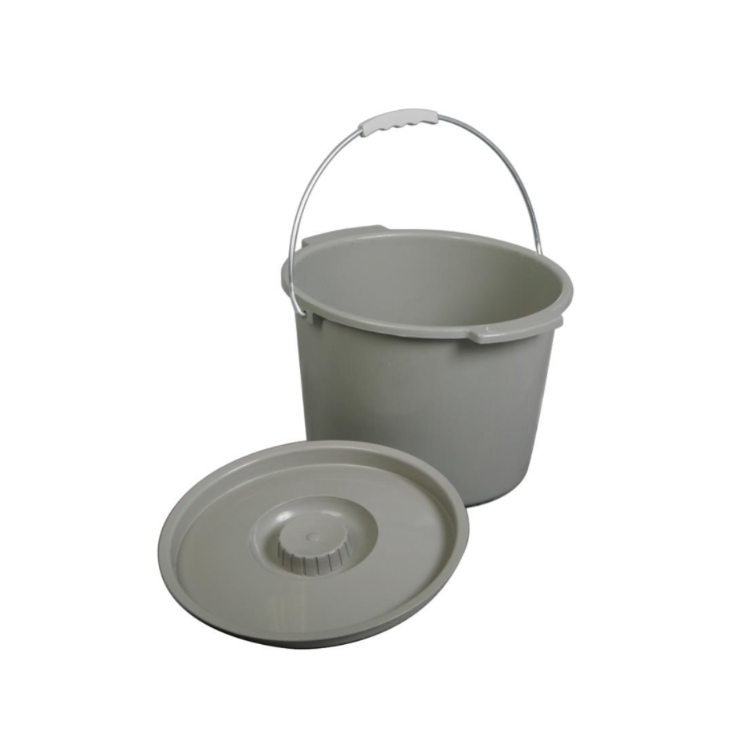 The Medline Commode Bucket and Lid with Metal Handle, in grey, is shown on a white background with the bucket and matching lid placed side by side.