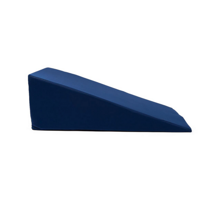 The Medline High-Density Foam Bed Wedge (24 x 20 x 8.5) in dark blue features a gradual slope for versatile elevation and is shown against a plain white background.