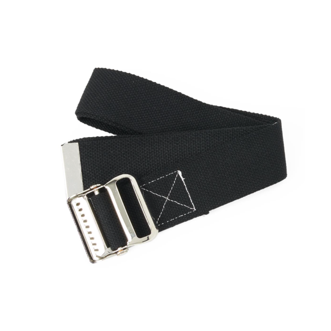 The Medline Cotton Gait Belt—a black fabric belt with a silver rectangular buckle and white stitching—offers caregiver support for patient transfers and ambulation. Shown laid on a white background, it’s an ideal mobility aid.