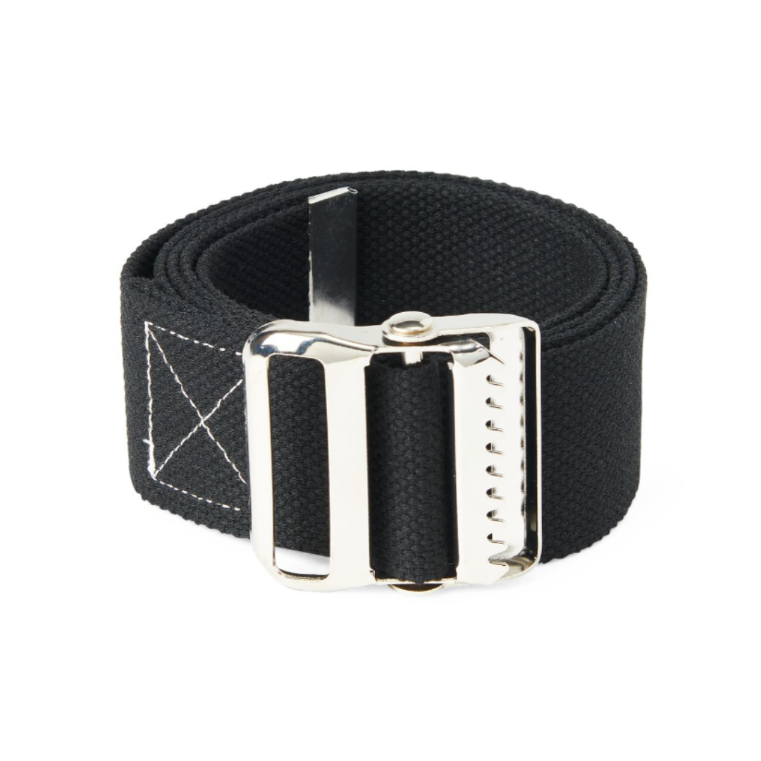The Medline Cotton Gait Belt, shown rolled up on a white background, is a black fabric transfer belt with white stitching on one end and a silver metal buckle—ideal for caregiver support during patient transfers and ambulation.