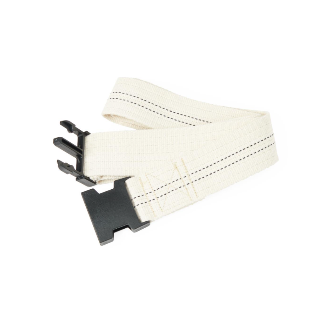A Medline Cotton Gait Belt, shown coiled on a white background, features black stitching and a large black rectangular buckle—ideal for assisting with patient transfers and ambulation by caregivers.