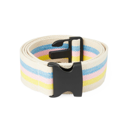 The Medline Cotton Gait Belt in cream, with pastel blue, pink, and yellow stripes and a black plastic buckle, assists with patient transfers and ambulation—ideal for caregiver support.