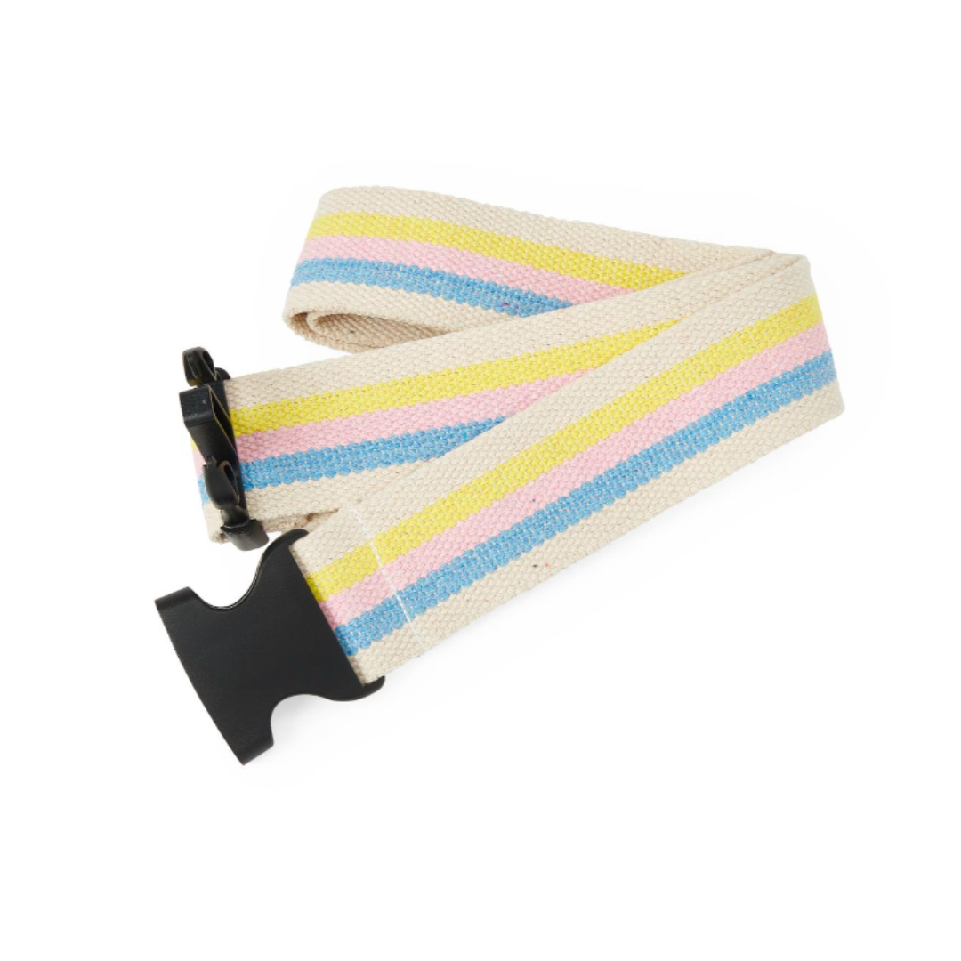 The Medline Cotton Gait Belt features pastel yellow, blue, and pink stripes on cream with a black plastic buckle—ideal for caregiver support during patient transfers and ambulation.