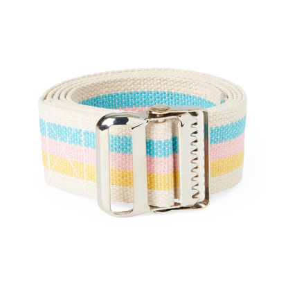 The Medline Cotton Gait Belt aids with transfers and ambulation, featuring pastel blue, pink, and yellow stripes and a shiny silver serrated buckle for enhanced caregiver support.
