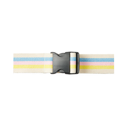 The Medline Cotton Gait Belt, cream with blue and yellow stripes and a black side-release buckle, assists with transfers and ambulation. Displayed on a white background.