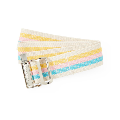 The Medline Cotton Gait Belt, featuring pastel yellow, pink, and blue stripes on a cream background with a silver metal buckle, assists caregivers with safe patient transfers and ambulation.