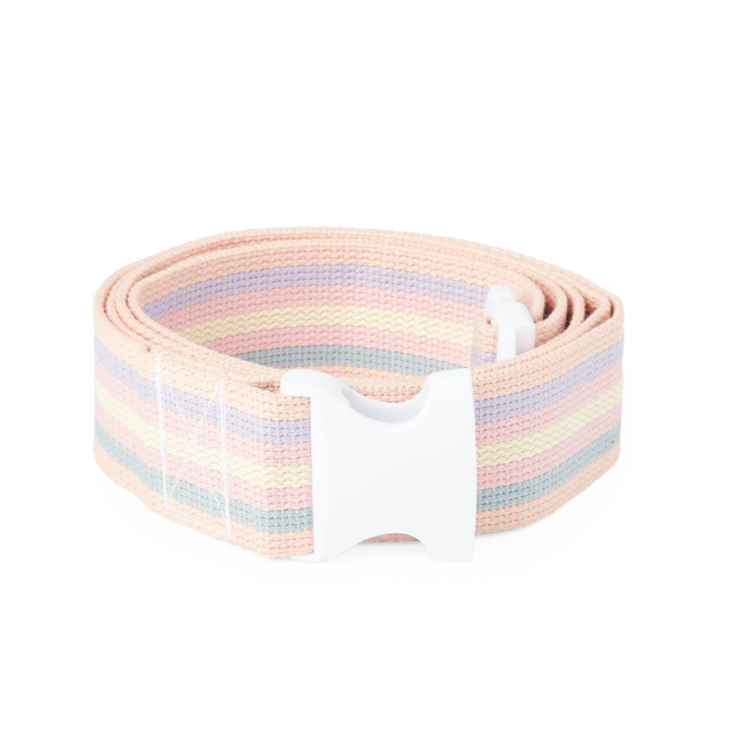 The Medline Cotton Gait Belt assists with transfers and ambulation and features pastel pink, yellow, blue, and purple stripes plus a large white plastic buckle for caregiver support.
