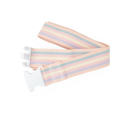 The Medline Cotton Gait Belt features pastel pink, yellow, green, and purple stripes with a white plastic buckle—offering stylish support for patient transfers and ambulation. Ideal as a caregiver aid. Displayed on a white background.