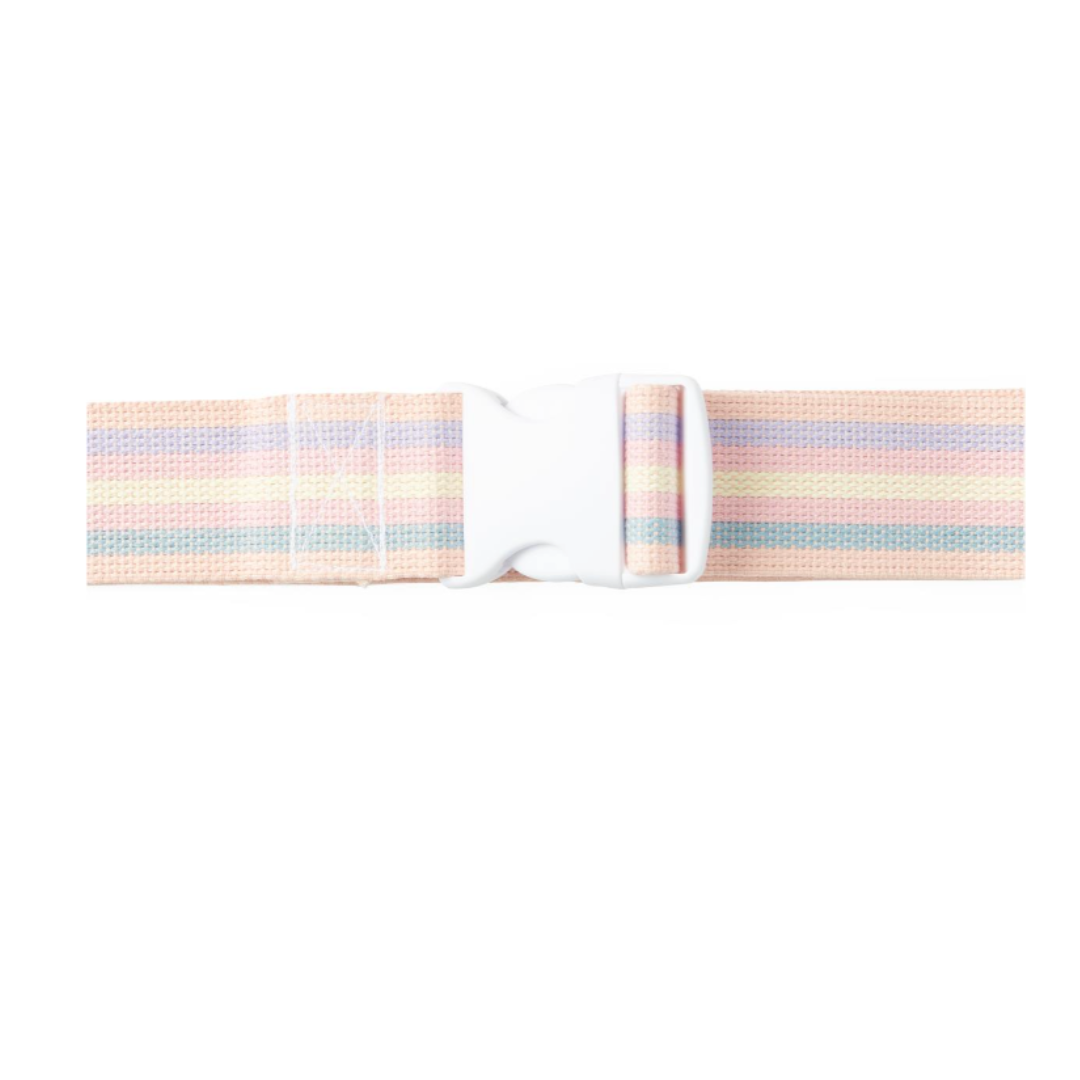 The Medline Cotton Gait Belt, featuring pastel horizontal stripes in pink, yellow, green, and blue with a white plastic buckle, assists caregivers with patient transfers and ambulation.