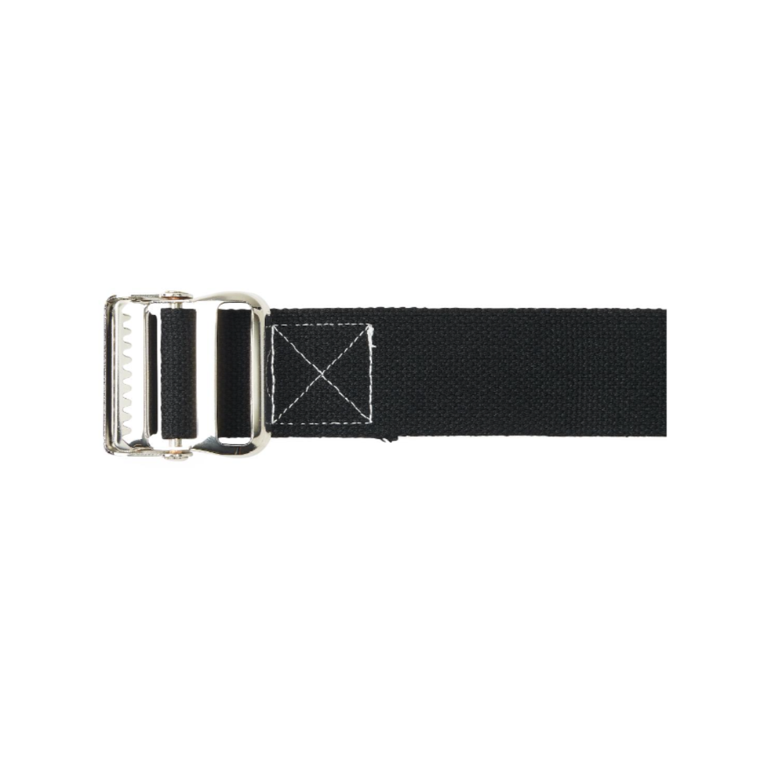 The Medline Cotton Gait Belt, in black fabric with a silver metal buckle and white stitching near the buckle, is shown flat on a white background. It assists caregivers with patient transfers and ambulation support.