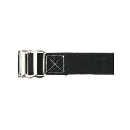 The Medline Cotton Gait Belt, in black fabric with a silver metal buckle and white stitching near the buckle, is shown flat on a white background. It assists caregivers with patient transfers and ambulation support.