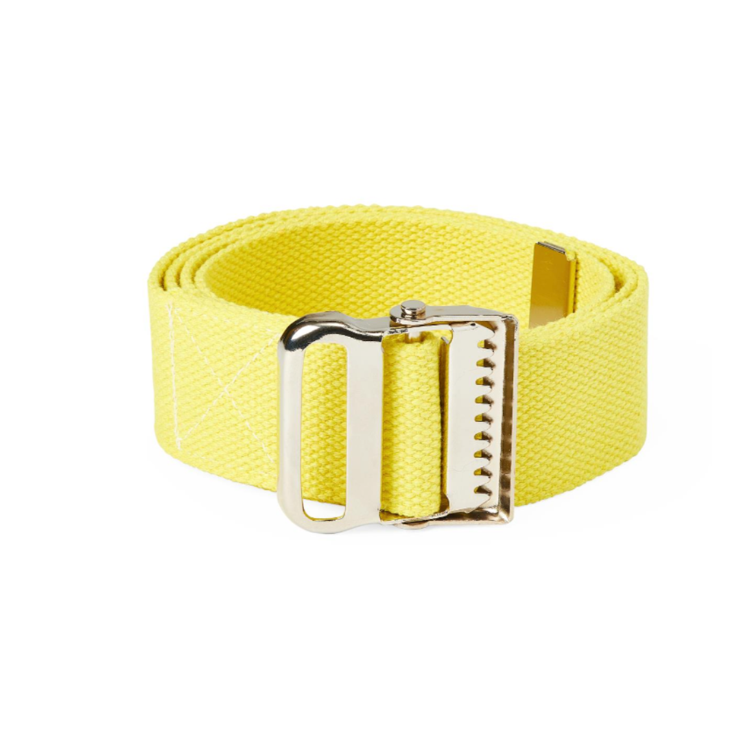 The Medline Cotton Gait Belt, shown rolled up with a silver buckle against a white background, assists with patient transfers and ambulation—offering mobility support for caregivers.