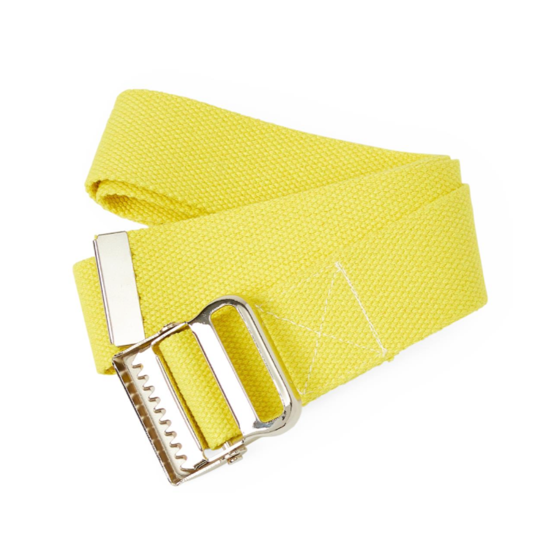 A Medline Cotton Gait Belt with a silver metal buckle lies coiled on a white background, supporting safe patient transfers and ambulation for caregivers.