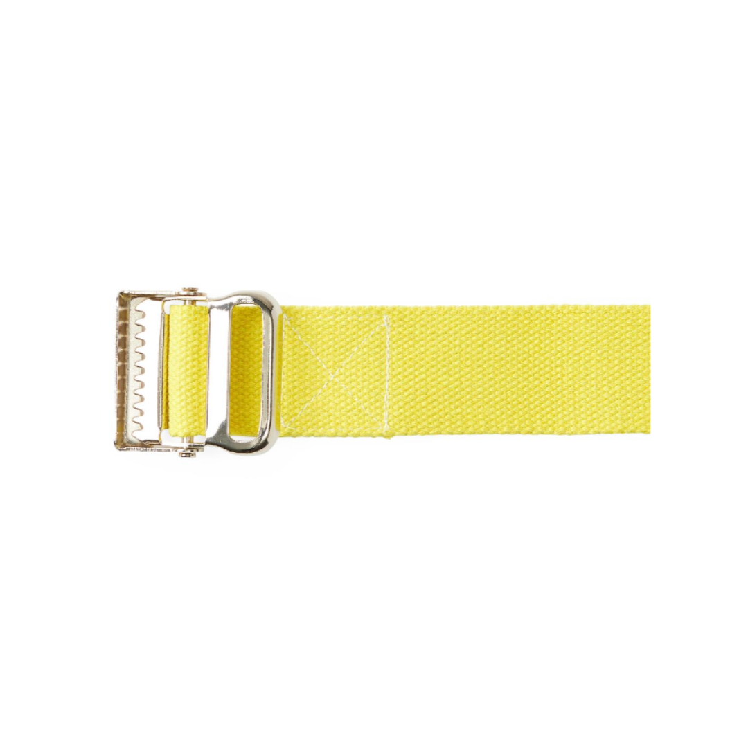 A close-up of the Medline Cotton Gait Belts, designed for transfers and ambulation, features a yellow strap with a silver metal buckle against a white background. The flat belt extends from the right with the buckle on the left.