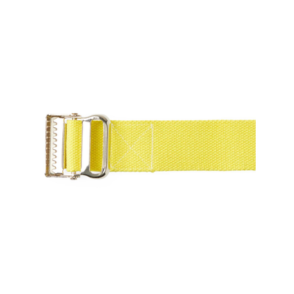 A close-up of the Medline Cotton Gait Belts, designed for transfers and ambulation, features a yellow strap with a silver metal buckle against a white background. The flat belt extends from the right with the buckle on the left.
