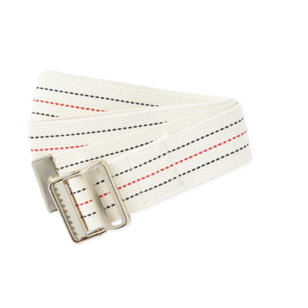 The Medline Cotton Gait Belt, designed for caregiver support during transfers and ambulation, features white woven cotton with black and red diagonal stripes and a silver buckle, shown laid flat against a white background.