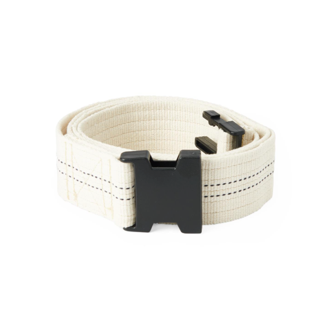 A rolled-up Medline Cotton Gait Belt in beige with black stitching and a large rectangular black buckle, designed to assist with transfers and ambulation, is displayed against a white background.