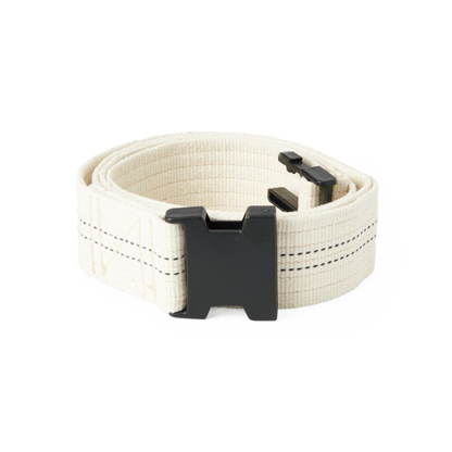 A rolled-up Medline Cotton Gait Belt in beige with black stitching and a large rectangular black buckle, designed to assist with transfers and ambulation, is displayed against a white background.