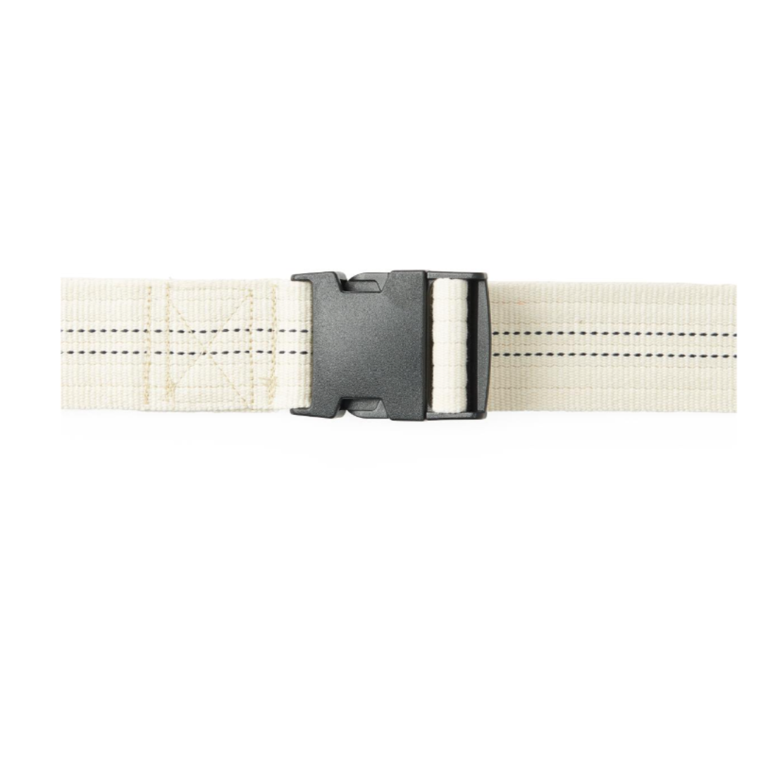 The Medline Cotton Gait Belt, a beige fabric mobility aid with black stitching and a black side-release buckle, assists with transfers and ambulation. Shown on a white background.
