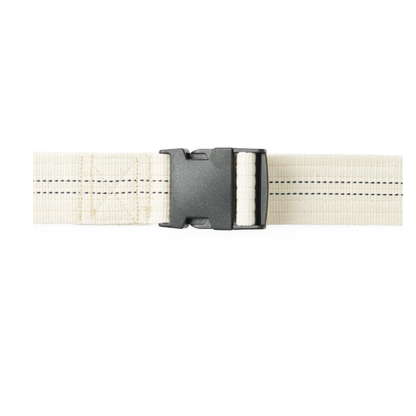 The Medline Cotton Gait Belt, a beige fabric mobility aid with black stitching and a black side-release buckle, assists with transfers and ambulation. Shown on a white background.