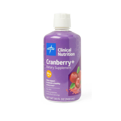A 30 oz purple bottle of Medline Cranberry+ Liquid Urinary Tract Dietary Supplement, featuring cranberries on the label and highlighting 36 mg PAC and D-Mannose for urinary tract support.