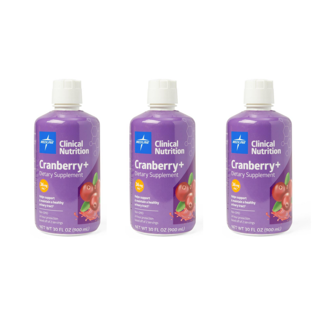 Three bottles of Medline Cranberry+ Liquid Urinary Tract Dietary Supplement, 30 oz each, with purple labels and cranberry images, arranged side by side on a white background.