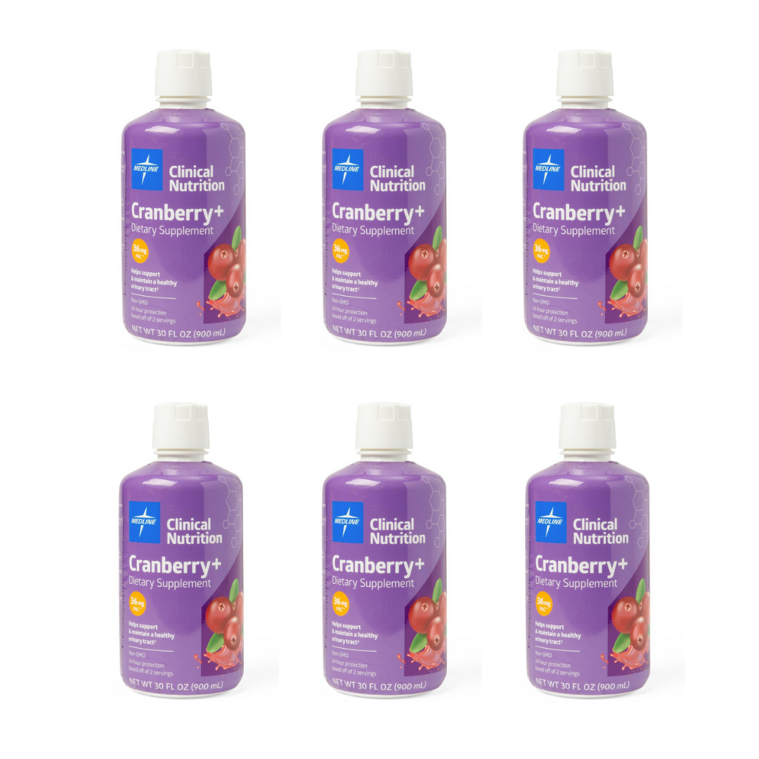 Six bottles of Medline Cranberry+ Liquid Urinary Tract Dietary Supplement (30 oz), each with a purple label, white cap, and cranberry images, are arranged in two rows of three on a white background to help support urinary tract health.