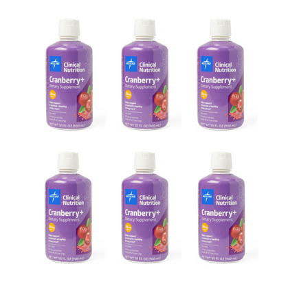 Six bottles of Medline Cranberry+ Liquid Urinary Tract Dietary Supplement (30 oz), each with a purple label, white cap, and cranberry images, are arranged in two rows of three on a white background to help support urinary tract health.