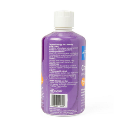 A purple bottle of Medline Cranberry+ Liquid Urinary Tract Dietary Supplement (30 oz) with a white cap shows the back label, highlighting urinary tract support, usage directions, gluten/lactose/soy free claim, and a barcode at the bottom.