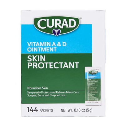 Medline Curad Vitamin A and D Ointment Skin Protectant, box of 144 packets (0.18 oz each), with white petrolatum to nourish and relieve minor cuts, scrapes, burns, and chapped lips.