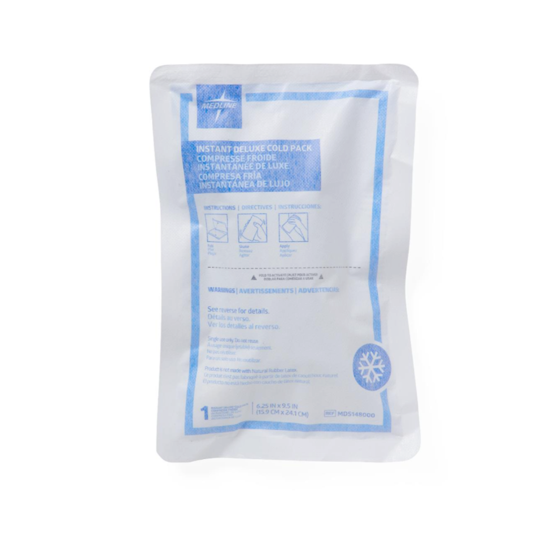 The Medline Deluxe Instant Cold Packs are single-use cold therapy packs in a white and blue package with instructions, warnings, and specifications printed on the front, designed to provide instant relief for injuries.