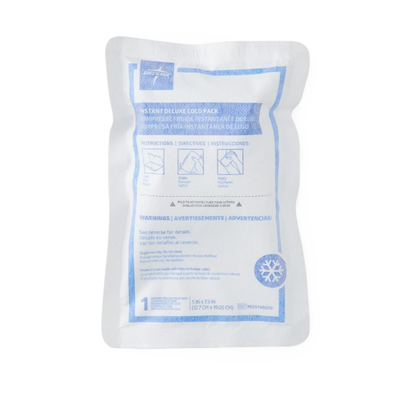 Medline Deluxe Instant Cold Packs are white, rectangular, and single-use with blue text and usage illustrations. The sealed edges and packaging clearly specify use as a cold compress.