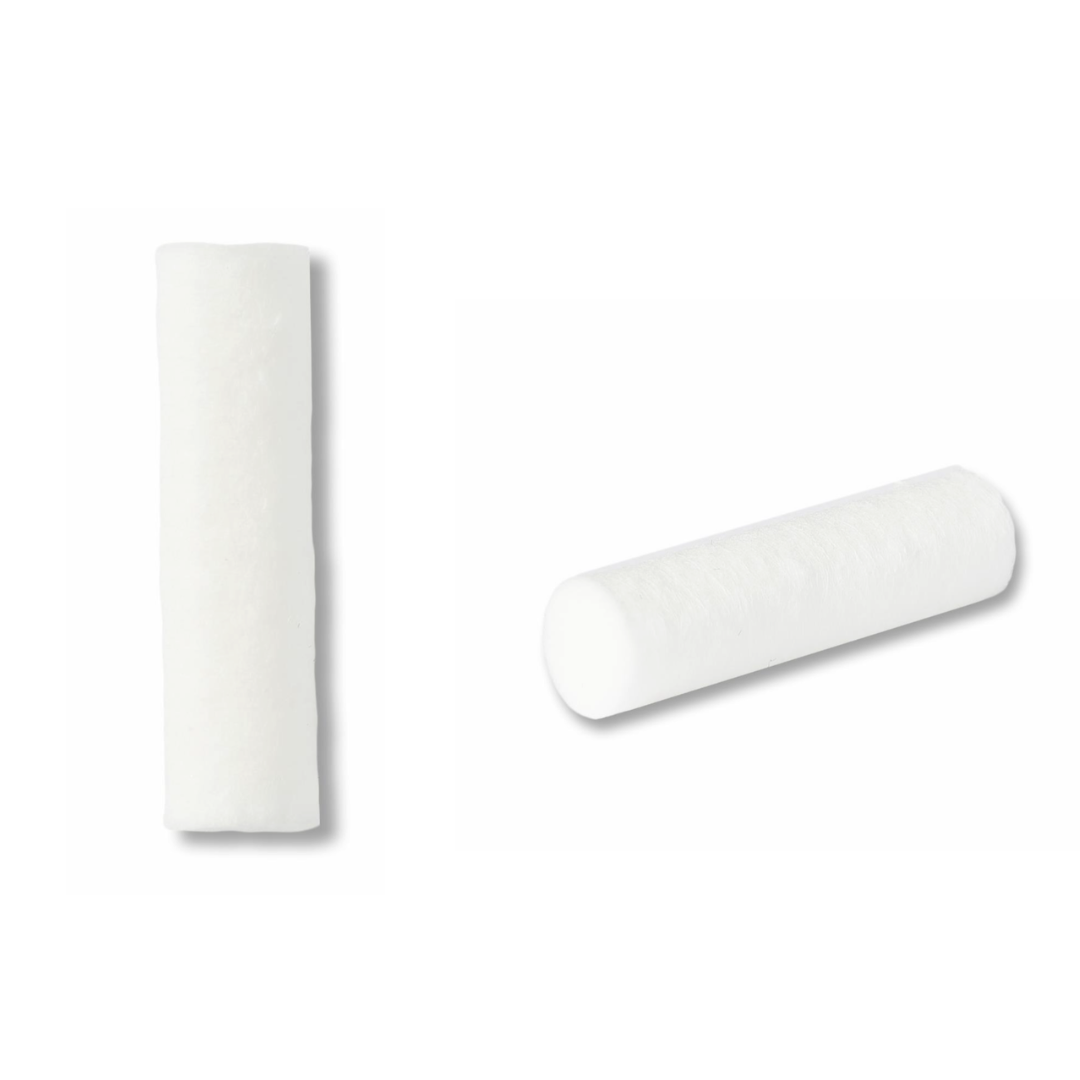 Two white cylindrical Medline Dental Cotton Rolls #2 (100% cotton, nonsterile) are displayed on a plain white background—one upright, one horizontal—ideal for moisture control during dental procedures.
