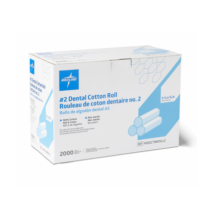 A white and blue box of Medline Dental Cotton Rolls #2 contains 2000 non-sterile, 100% cotton rolls for dental moisture control, with product details in English, French, and Spanish and an illustration of cotton rolls.