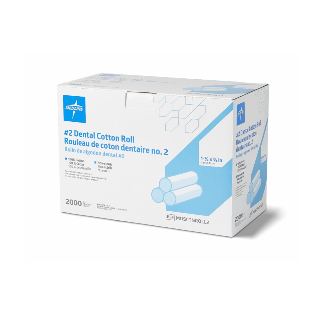 A white and blue box labeled “Medline Dental Cotton Rolls #2 | 100% Cotton Nonsterile Dental Rolls” contains 2000 non-sterile cotton rolls for dental treatments, featuring multilingual text and a cotton roll illustration on the packaging.
