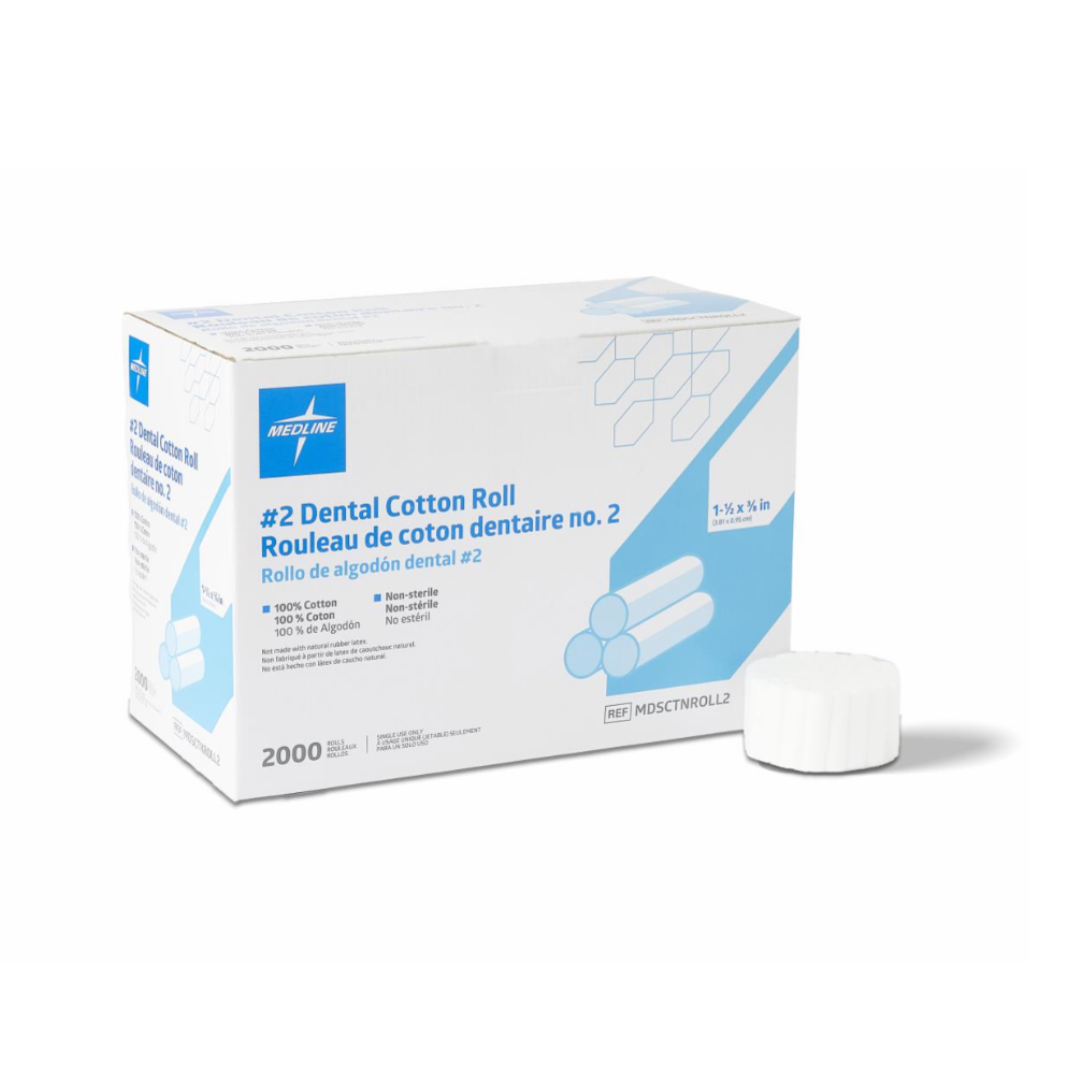 A white box of Medline Dental Cotton Rolls #2 (100% Cotton, Nonsterile) is shown labeled in English, French, and Spanish with images of cotton rolls and one roll in front. Contains 2,000 pieces for dental treatments and moisture control.