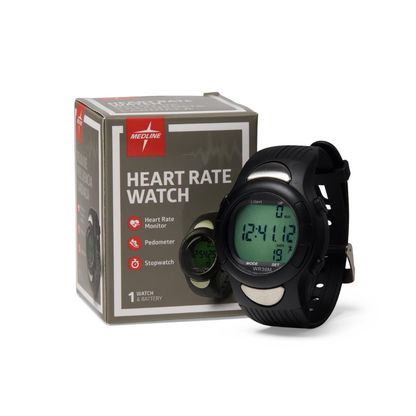 A Medline Digital Fitness Heart Rate and Pedometer Watch in black is shown next to its box, which displays the product name and highlights features such as a heart rate monitor, pedometer functionality, and stopwatch. The watch screen displays the current time and heart rate.