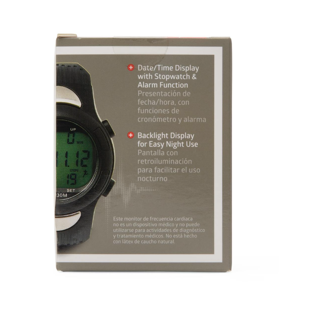 Box displaying the Medline Digital Fitness Heart Rate and Pedometer Watch with features including date/time display, stopwatch, alarm, night-use backlight, pedometer for step tracking, and a caution in Spanish regarding the device’s intended use.